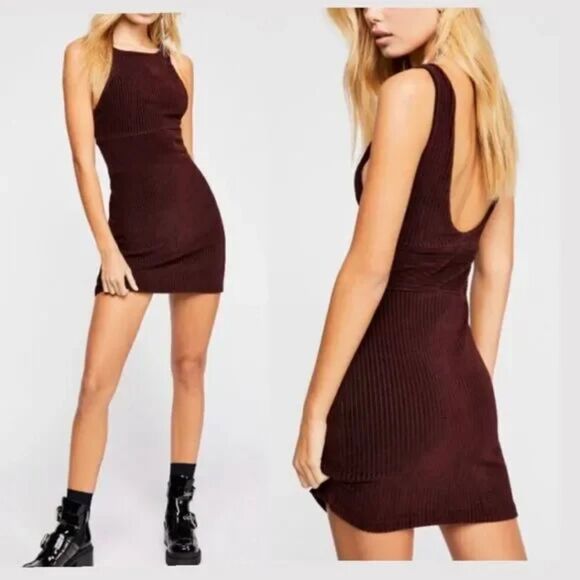 Free People Vivian Corduroy Mini Dress in Plum, Sz Small, Holiday Layering Retro - Picture 1 of 9